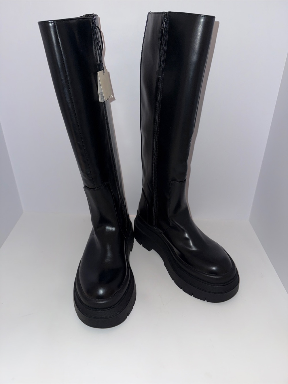 WOMENS NWT ZARA TALL TRACK SOLE BLACK BOOTS SZ 38/7.5